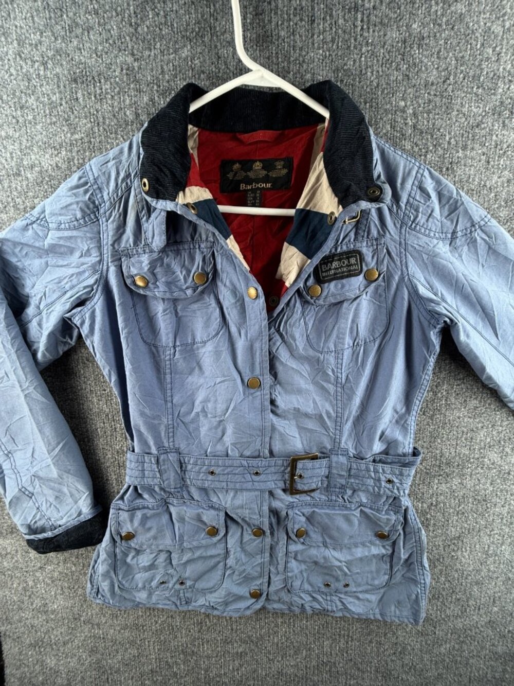 Barbour “vintage International” Waxed Jacket Women Blue Size US 6 Lined Outdoors